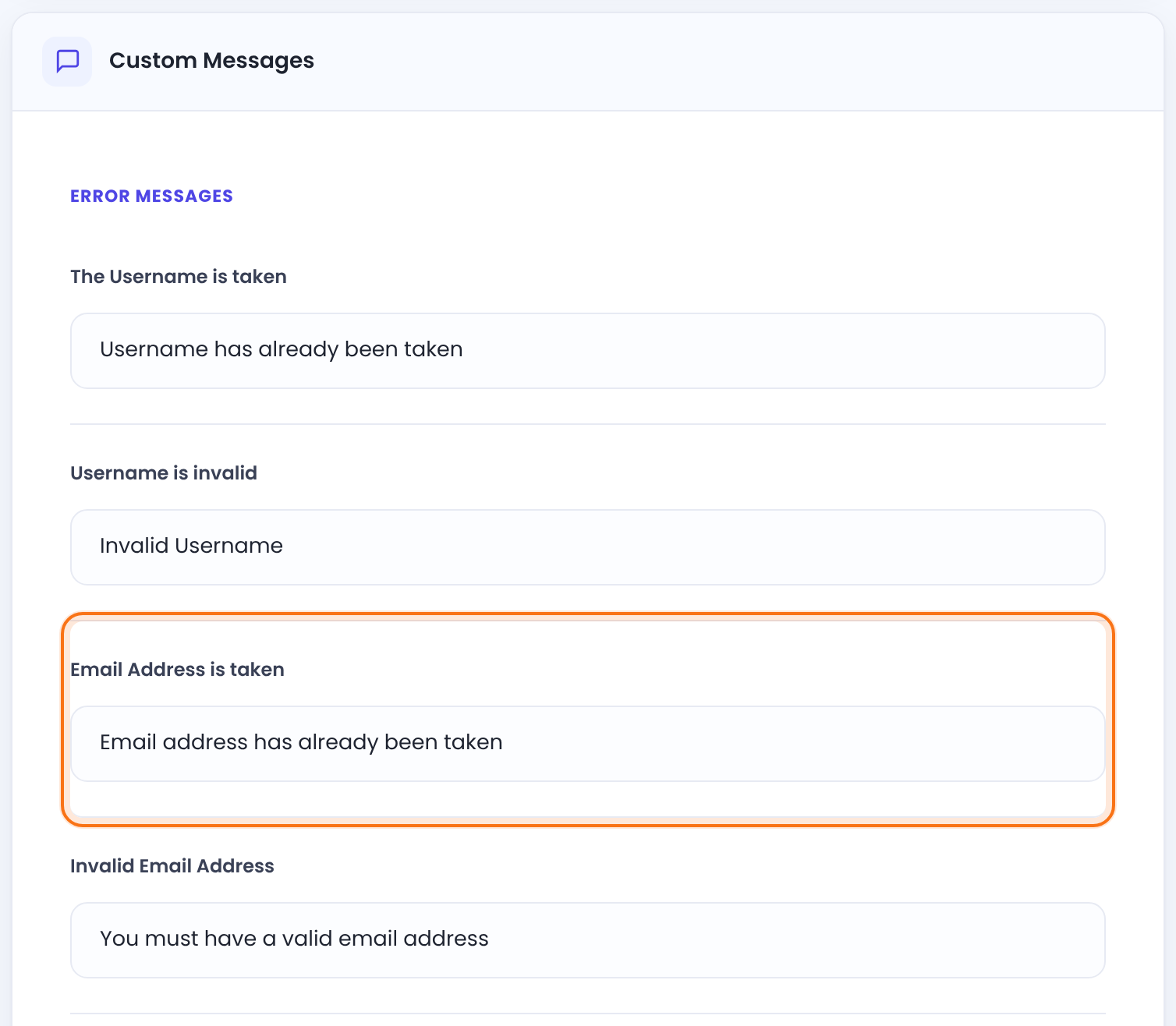 Custom Messages tab with the Error Messages group: The Username is taken, Username is invalid, Email Address is taken and Invalid Email Address