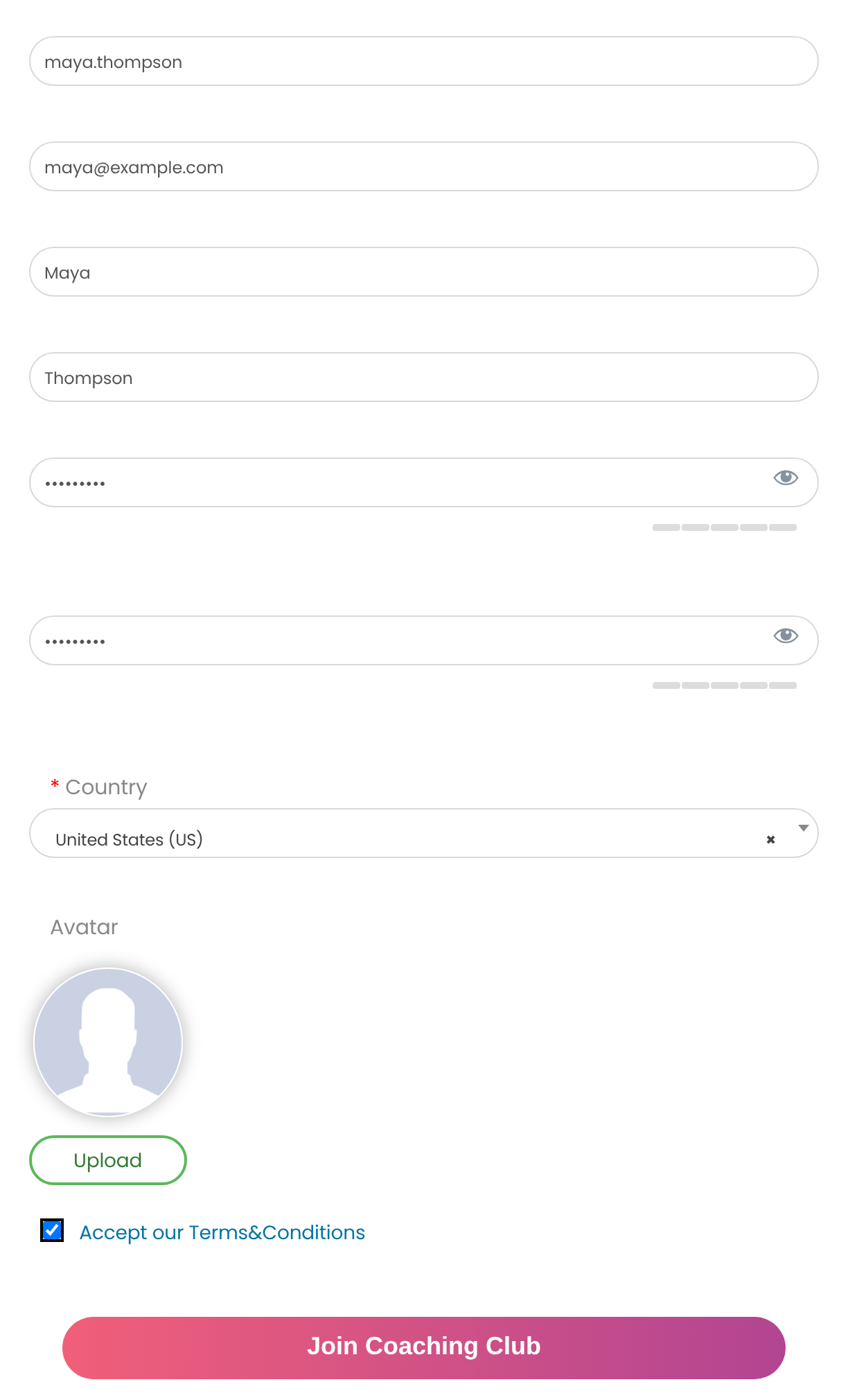 Front-end registration form filled in for Maya Thompson with Username, Email, First Name, Last Name, Password, Confirm Password, Country, Avatar, the terms checkbox and the Join Coaching Club button