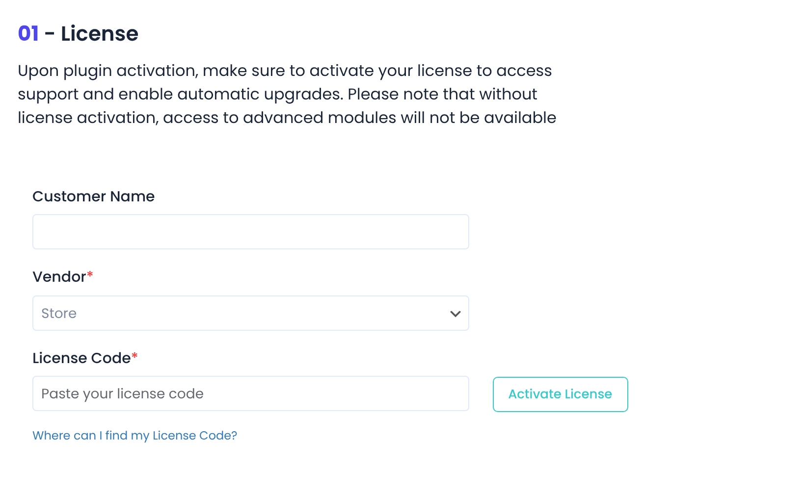 Wizard step 1 License with Customer Name, Vendor and License Code fields and the Activate License button