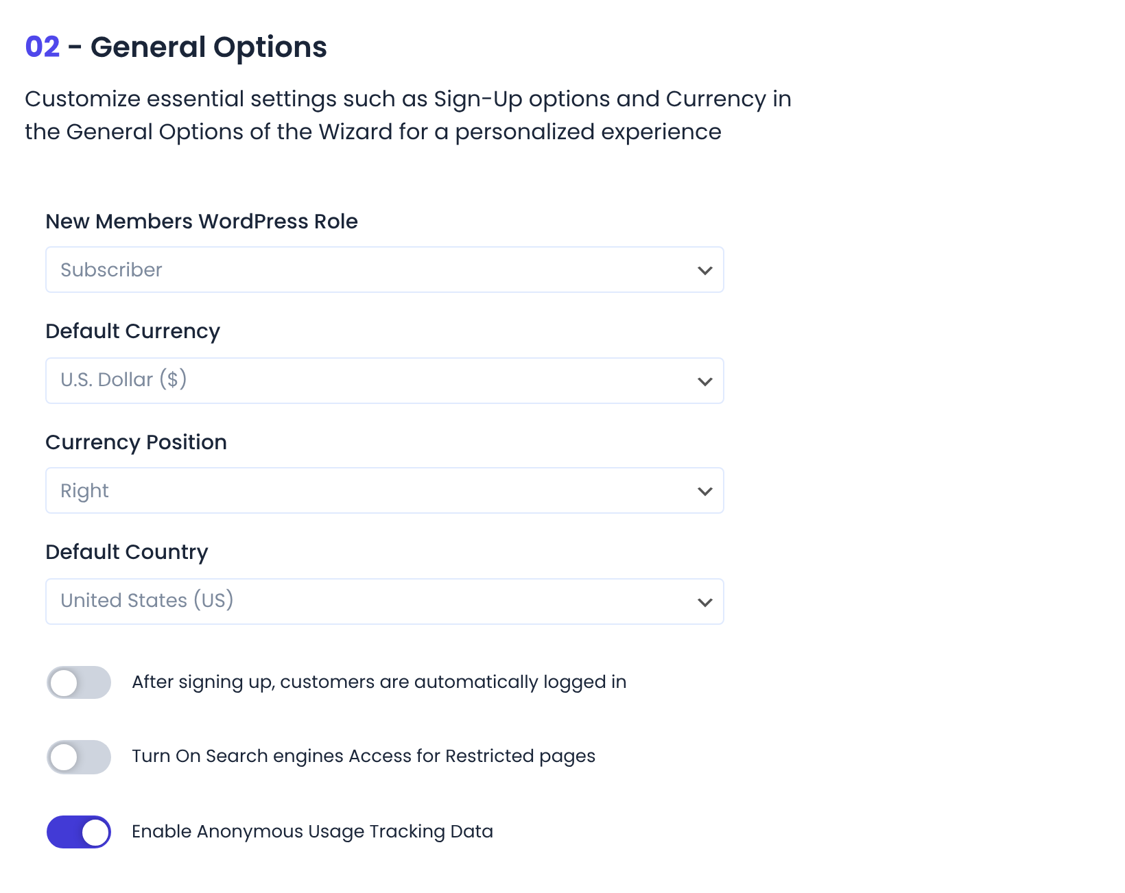 Wizard step 2 General Options with role, currency, currency position, country and three switches