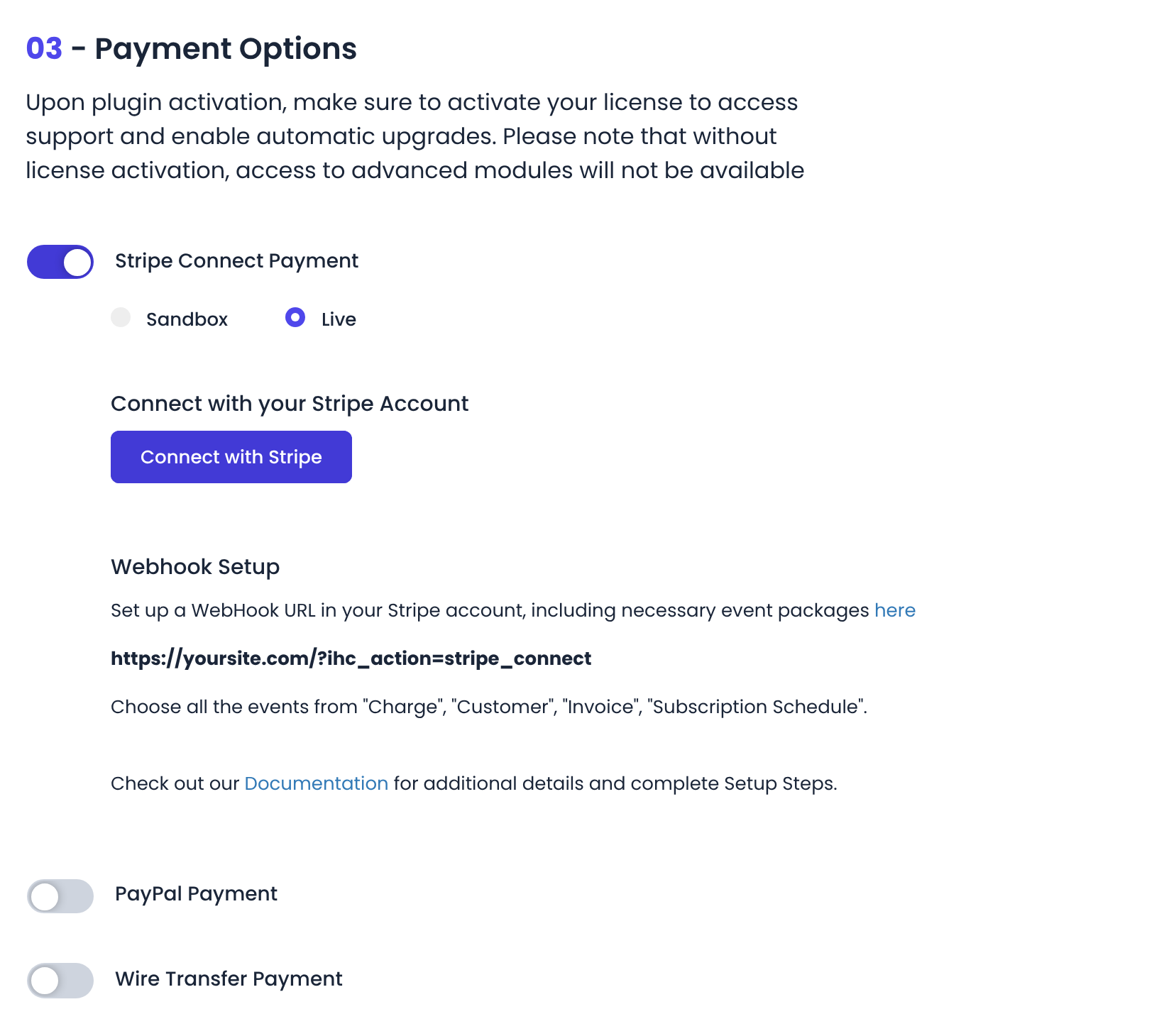 Wizard step 3 Payment Options with Stripe Connect Payment switched on, Connect with Stripe button and webhook URL