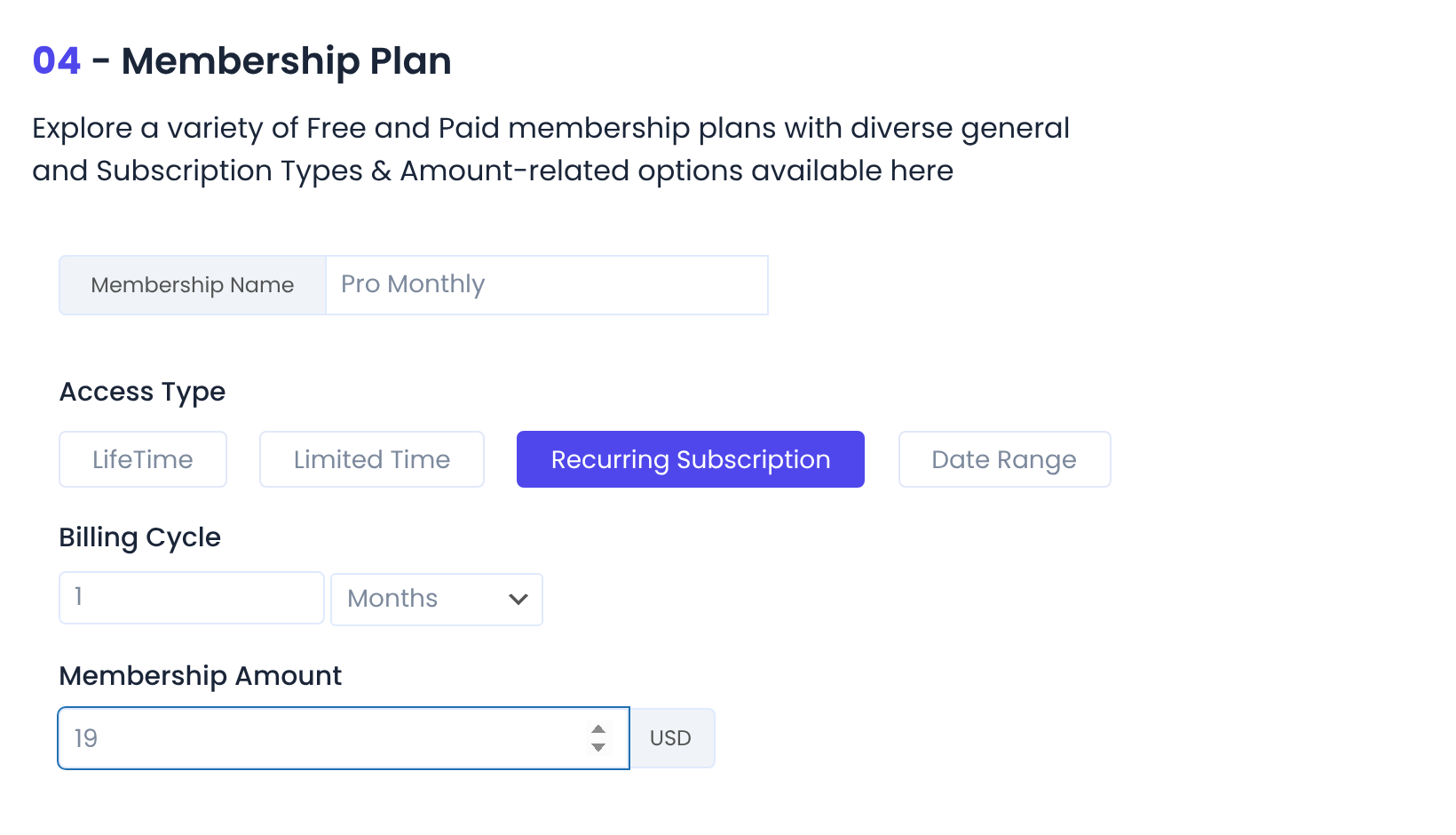 Wizard step 4 Membership Plan with the name Pro Monthly, Recurring Subscription, a 1 month billing cycle and an amount of 19