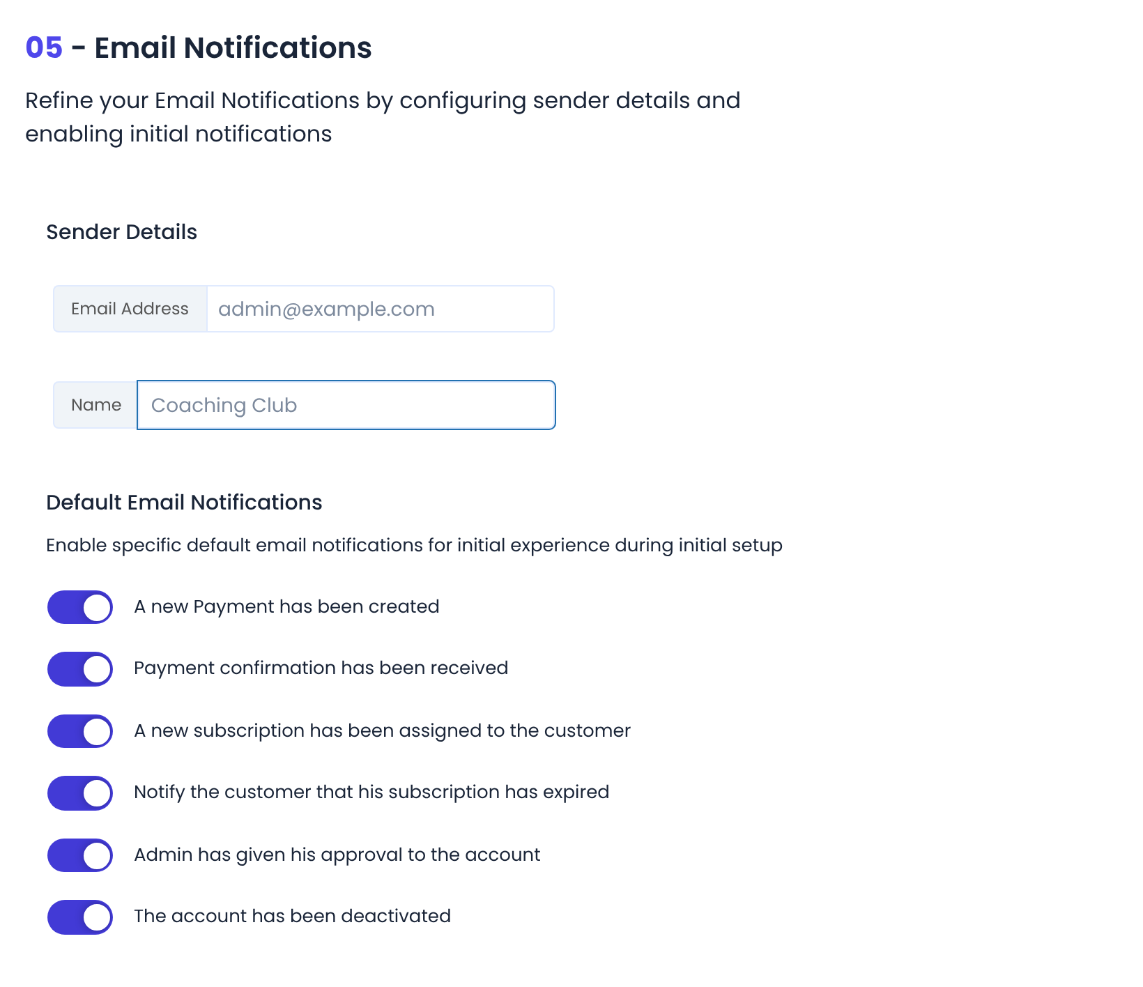 Wizard step 5 Email Notifications with sender email and name, and six default notifications switched on