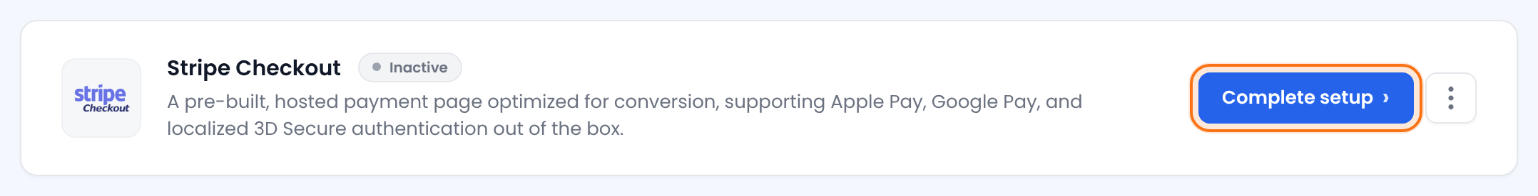 Stripe Checkout row on the Payment Gateways screen with the Inactive badge and the Complete setup button highlighted