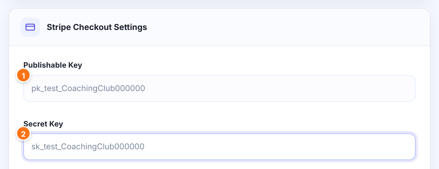 Stripe Checkout Settings card with test Publishable Key and Secret Key filled in, numbered 1 and 2