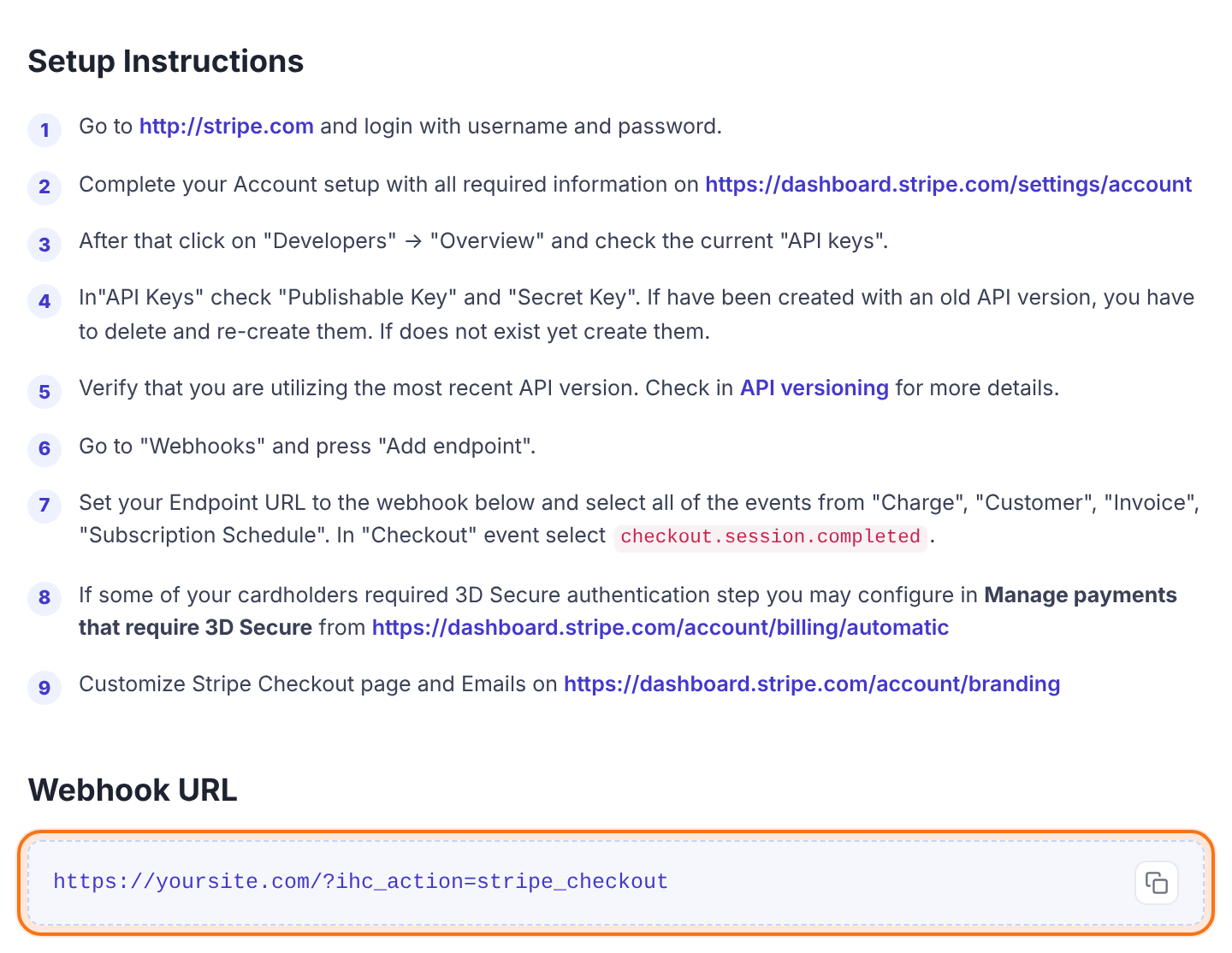 Setup Instructions list with nine steps and the Webhook URL box showing https://yoursite.com/?ihc_action=stripe_checkout highlighted