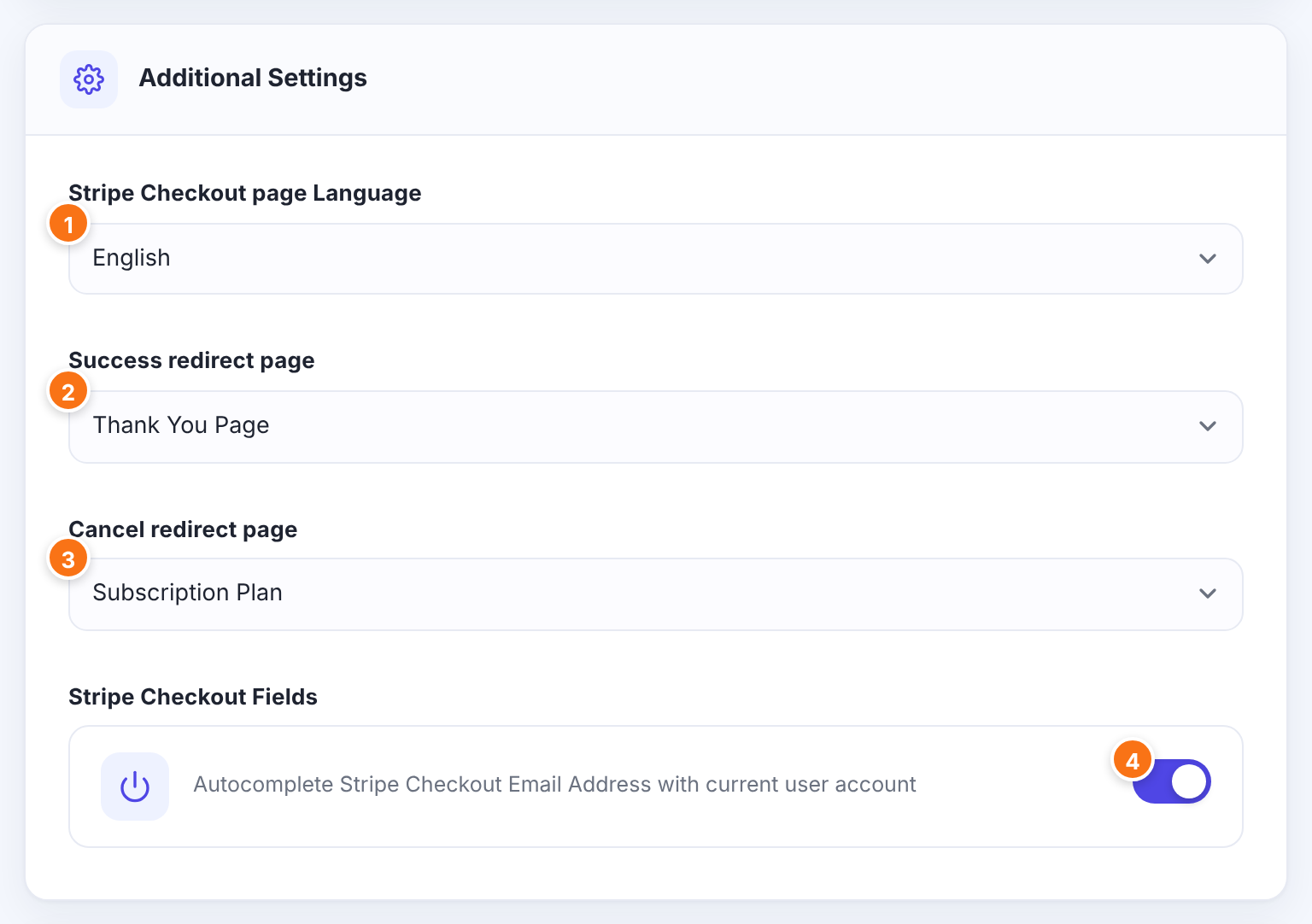 Additional Settings card with English, Thank You Page as Success redirect page, Subscription Plan as Cancel redirect page and the email autocomplete switch on, numbered 1 to 4