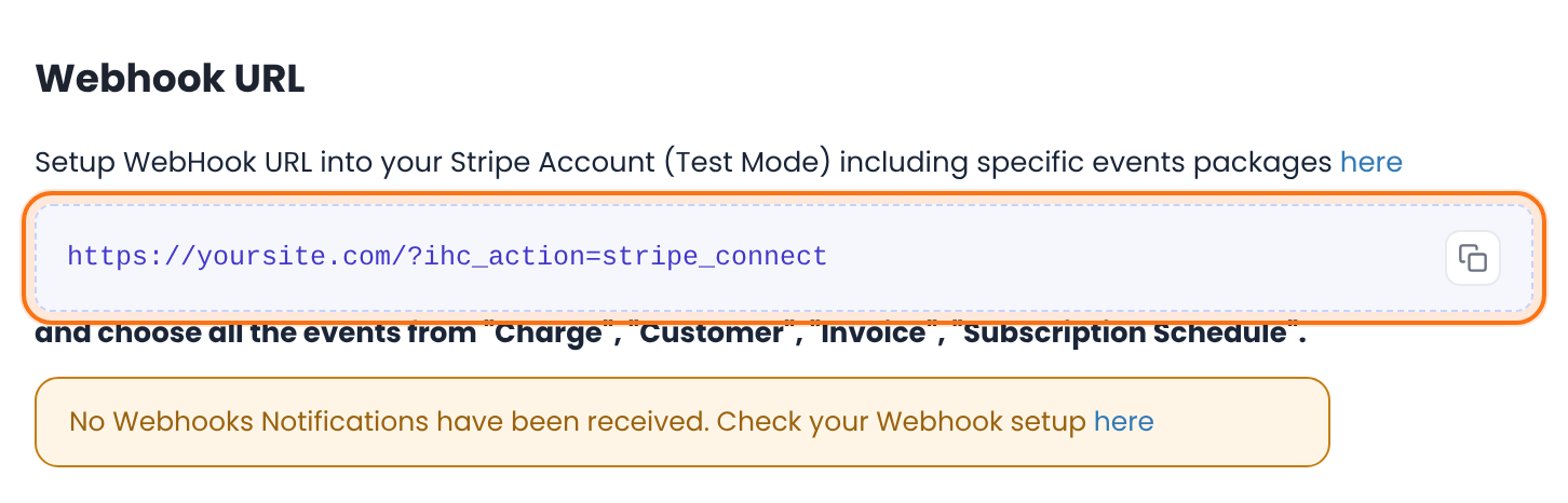 Webhook URL panel for Test Mode showing the Stripe Connect webhook address with a copy button, the event groups and the No Webhooks Notifications notice