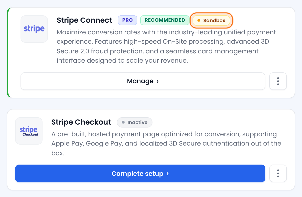 Payment Gateways screen with Stripe Connect active in Sandbox with a Manage button and Stripe Checkout Inactive
