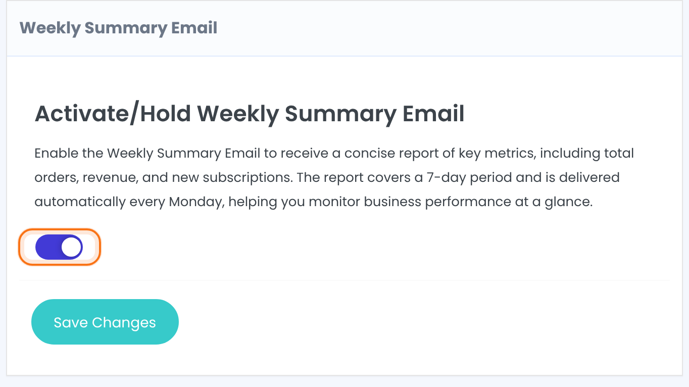Weekly Summary Email module with Activate/Hold Weekly Summary Email switched on and the Save Changes button
