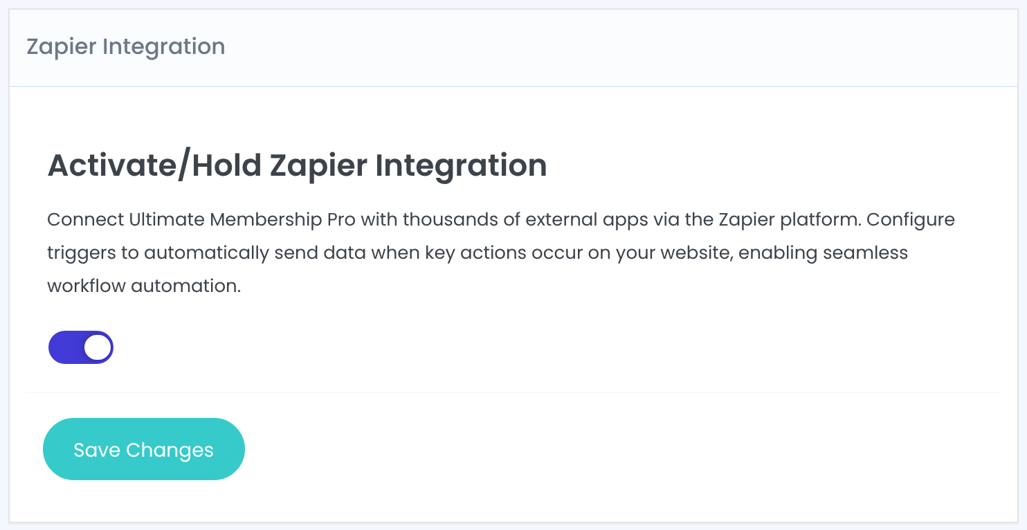 Zapier Integration card with Activate/Hold Zapier Integration switched on