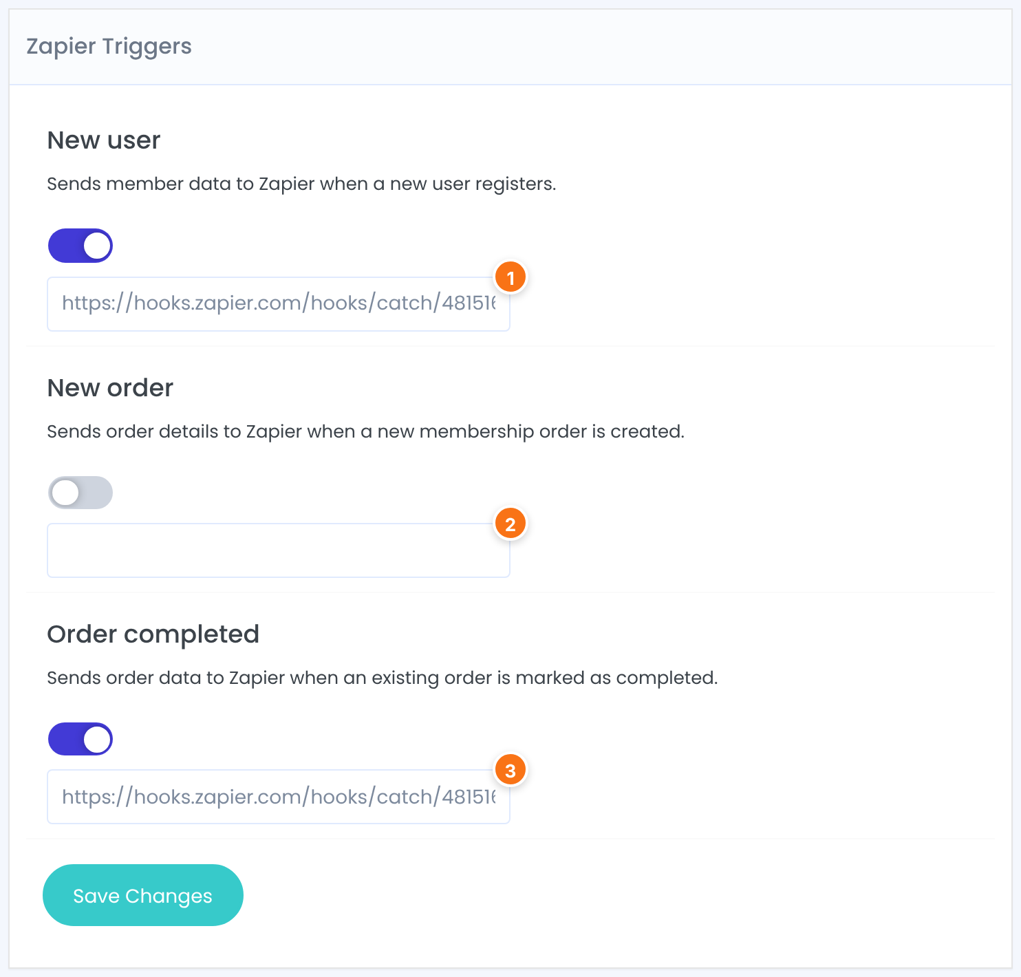 Zapier Triggers card: New user switched on with a hooks.zapier.com URL (1), New order switched off with an empty URL (2), Order completed switched on with a hooks.zapier.com URL (3)